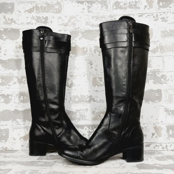 Tahari Kaley Black Leather Knee High Buckle Ridding Boots A920 - Picture 6 of 13